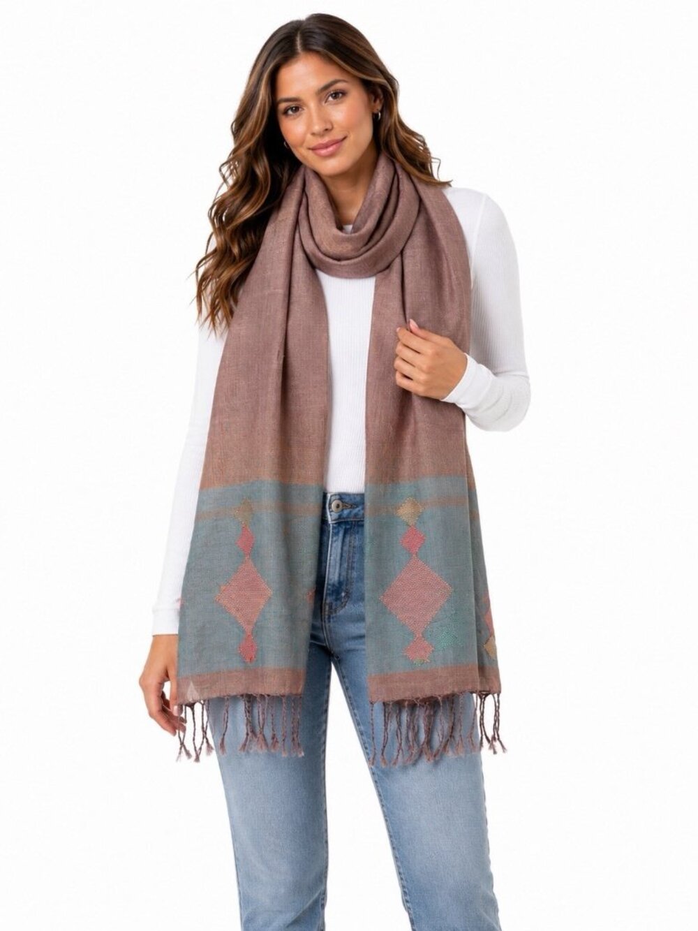 NWT Fabindia Handwoven Cotton Silk Scarf Jamdani India Artisan Fringe Wrap